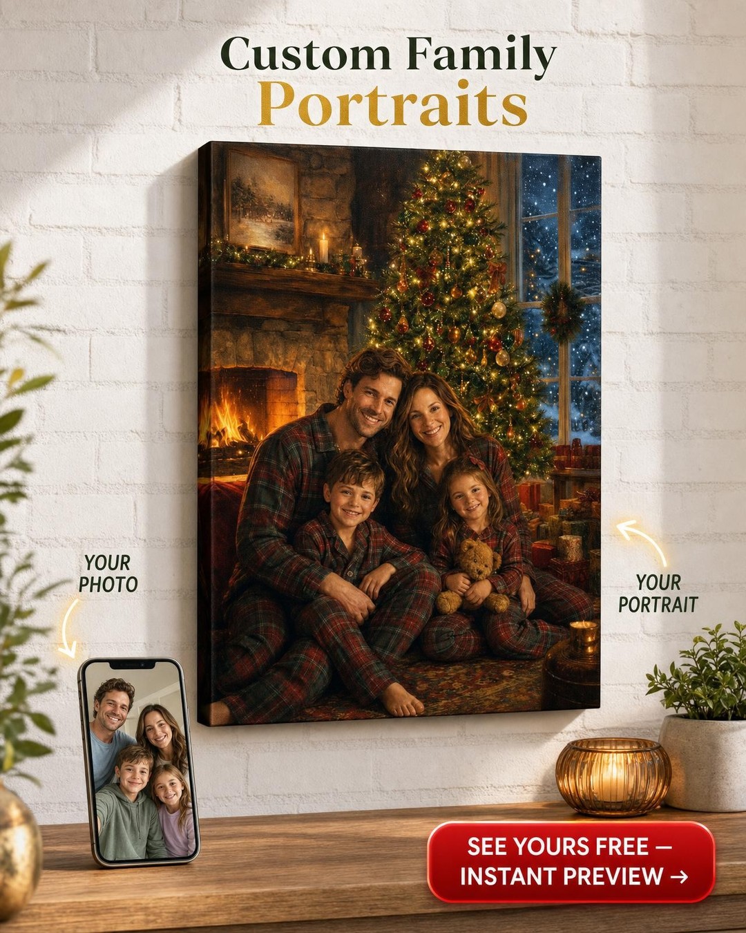 Custom Christmas Family Portrait — Festive Fireplace Canvas from Photo