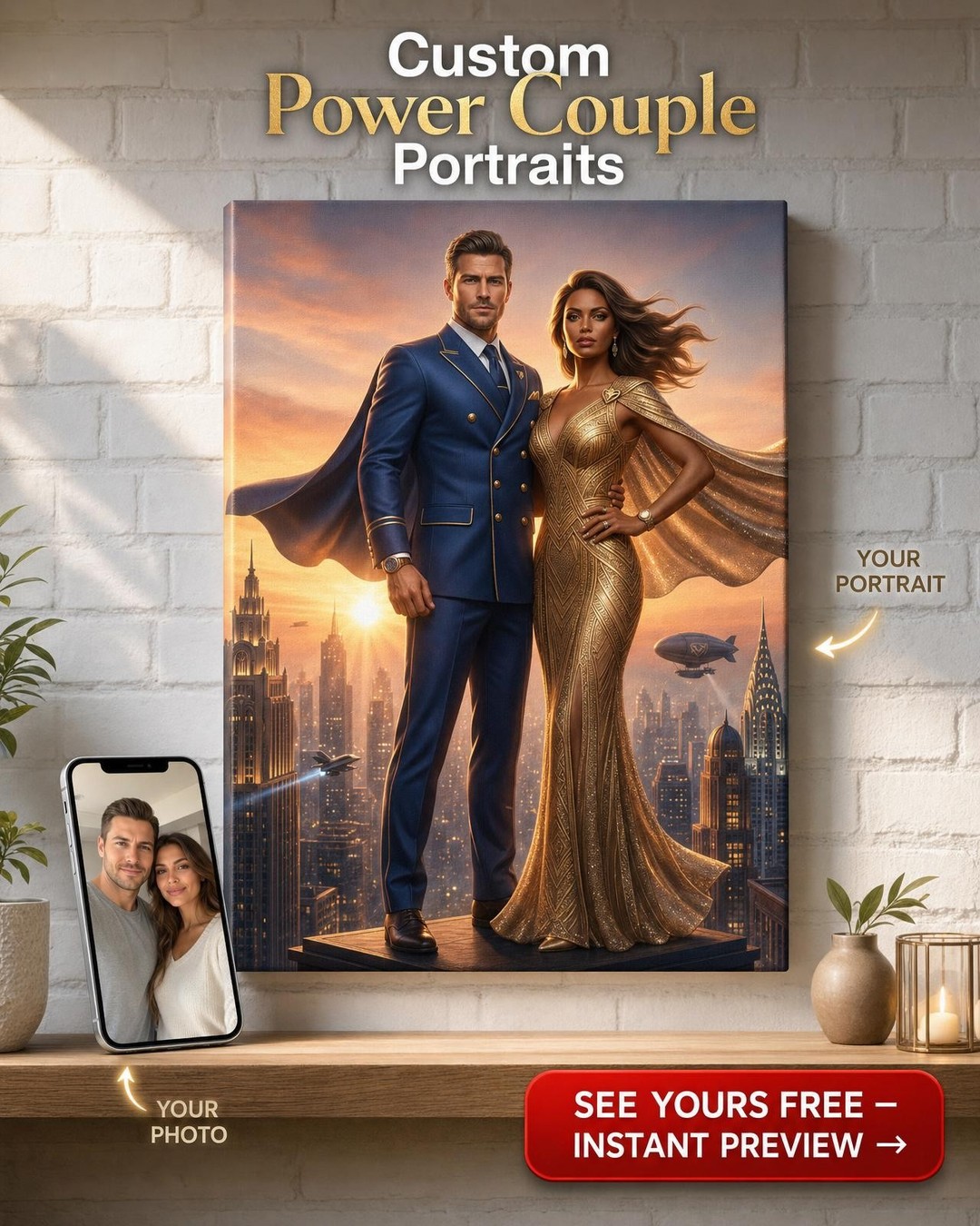Custom Royal Couple Portrait — Heroic Cityscape Canvas from Photo