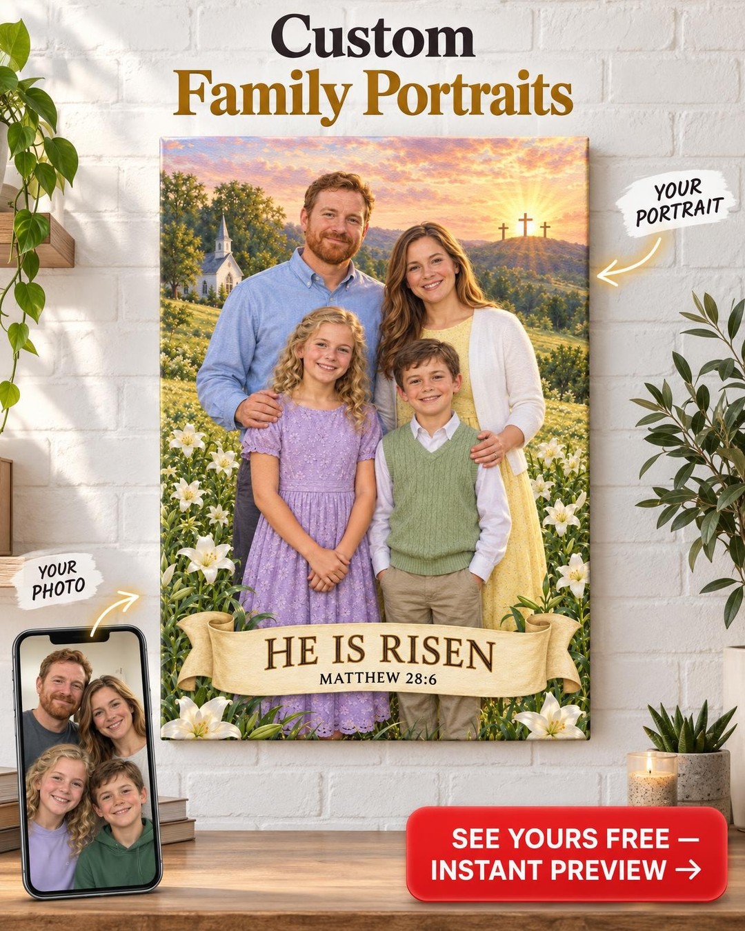Easter Sunrise Family Custom Portrait from Photo with Bible Verse | Personalized Faith Family Gift