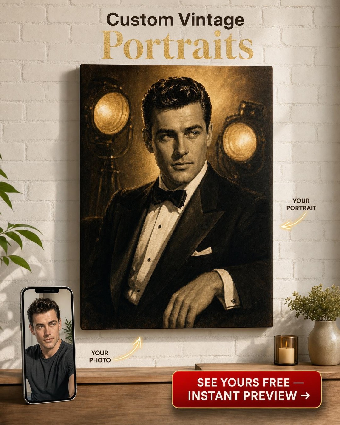 Silver Screen Leading Man Custom Portrait from Photo | Personalized for Him Gift