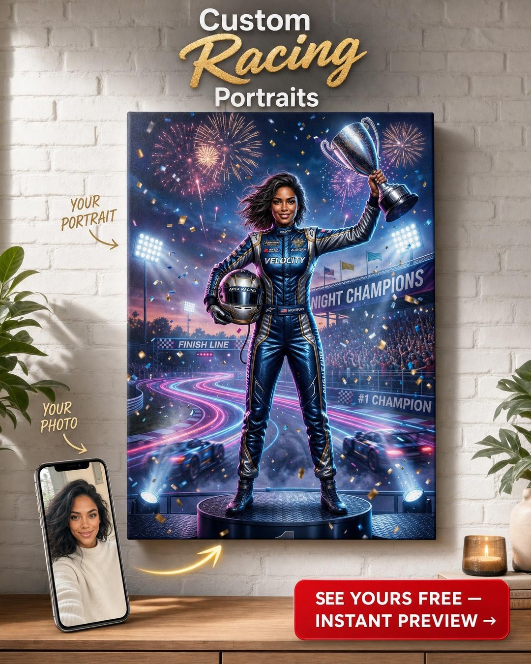 Custom Sci-Fi Man Portrait — Heroic Racing Champion Canvas