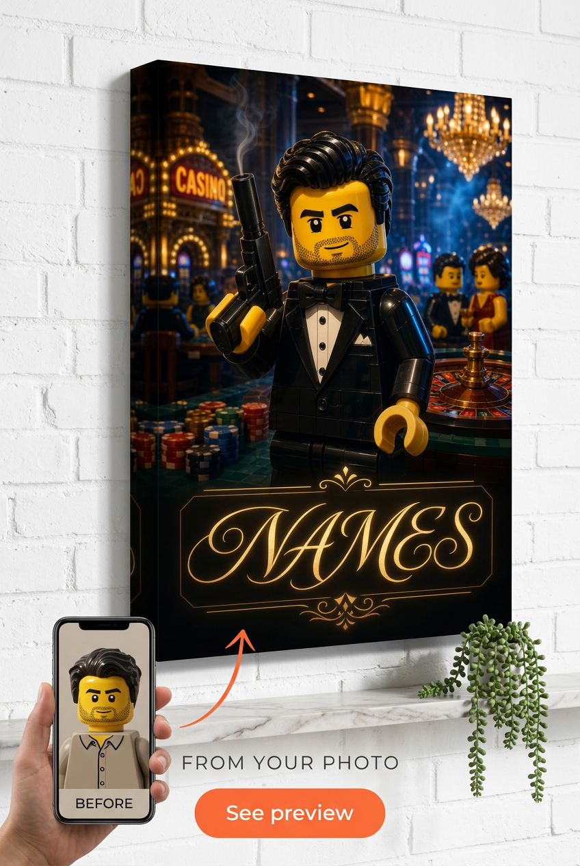 Custom Brick Minifigure Tuxedo Spy Portrait from Photo | Personalized Gift