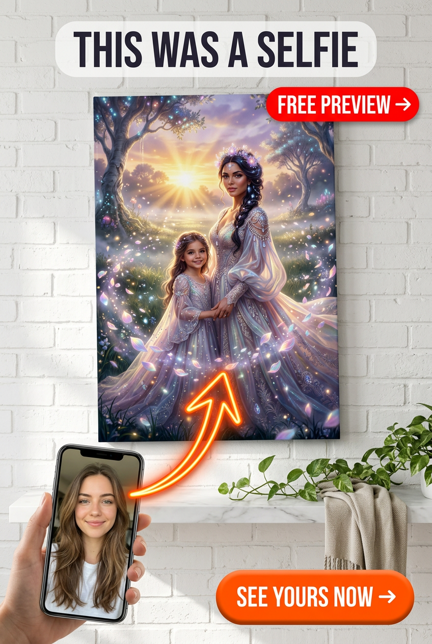 Custom Fantasy Mother-Child Portrait — Whimsical Family Canvas from Photo