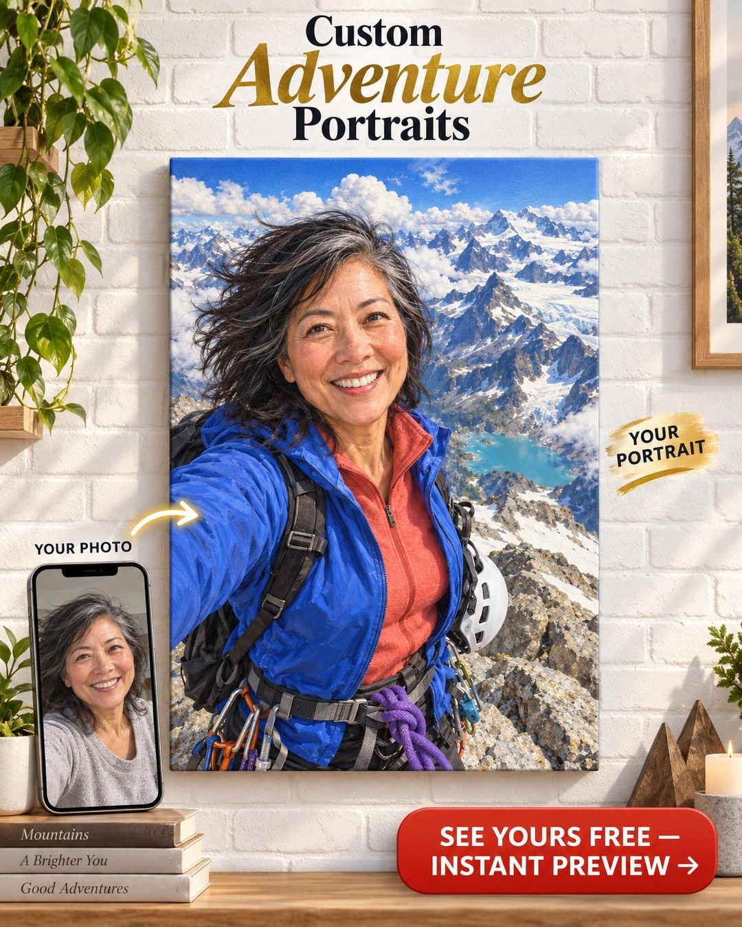 Summit Selfie Portrait For Her Custom Portrait From Photo | Personalized Rock Climbing Gift