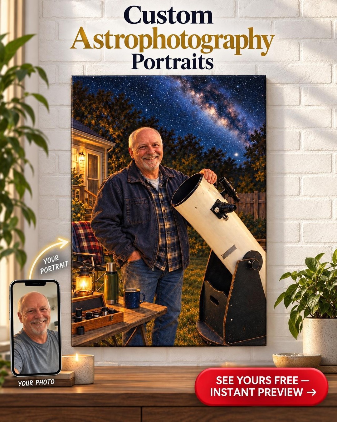 His Backyard Sky Custom Portrait from Photo | Personalized Stargazing Gift