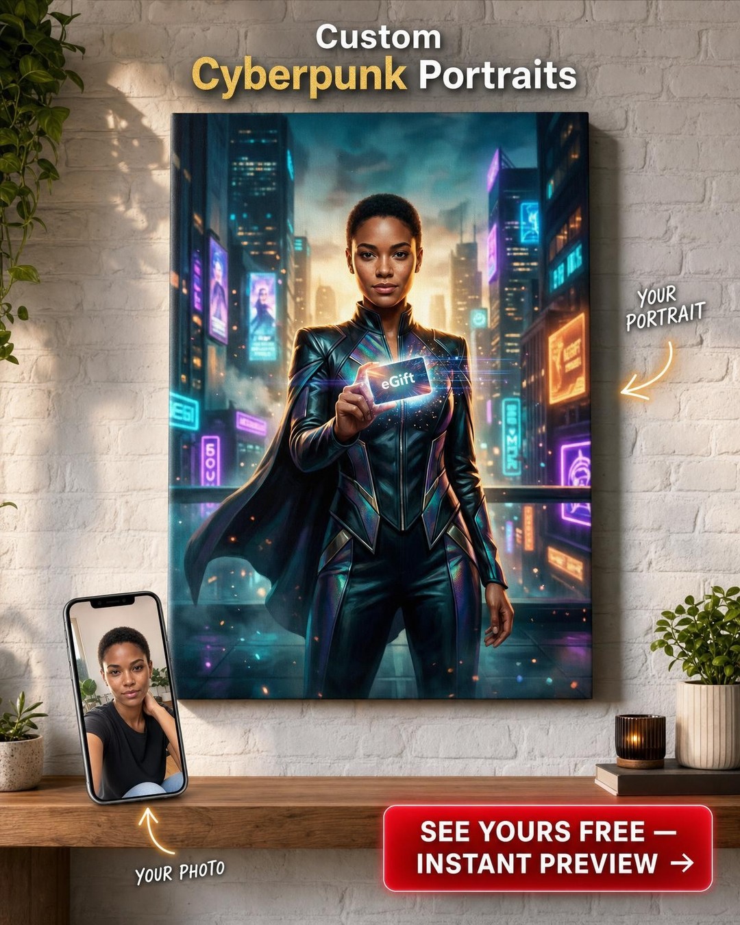 Custom Cyberpunk Single-Man Portrait — Whimsical Gift Canvas for Woman
