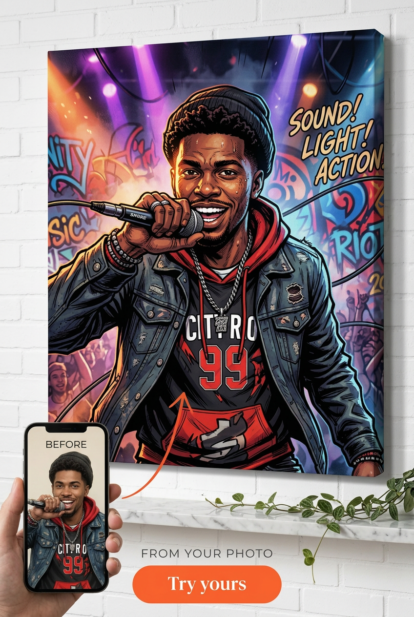 Custom Musician Man Portrait — Festive Stage Lights Canvas