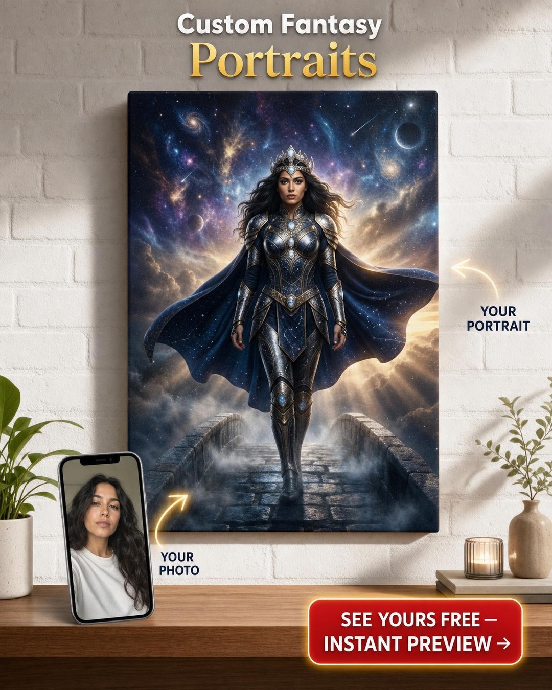Custom Fantasy Woman Portrait — Heroic Knight Canvas from Photo