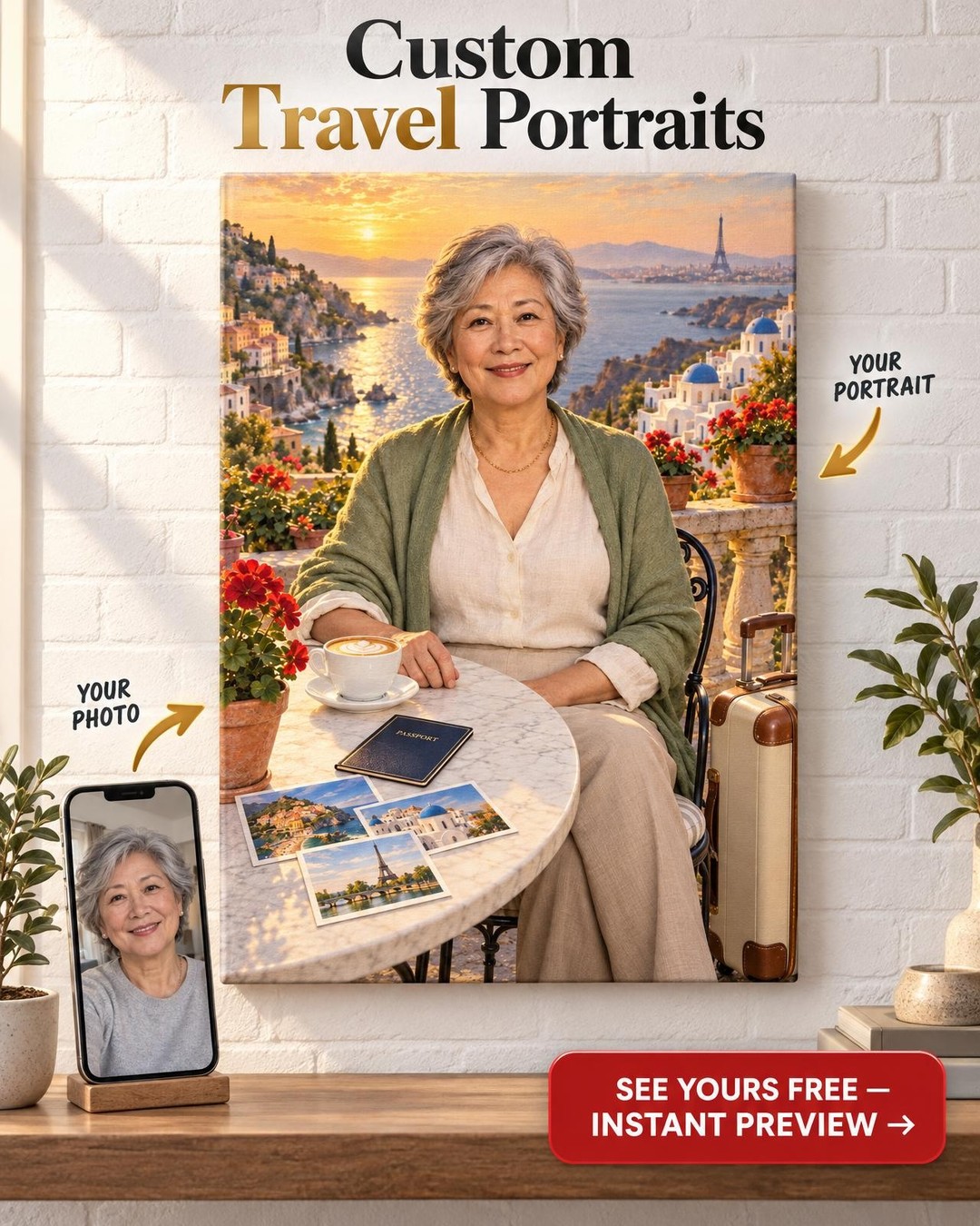 Table-for-One Travel Custom Portrait from Photo | Personalized Solo Travel Gift