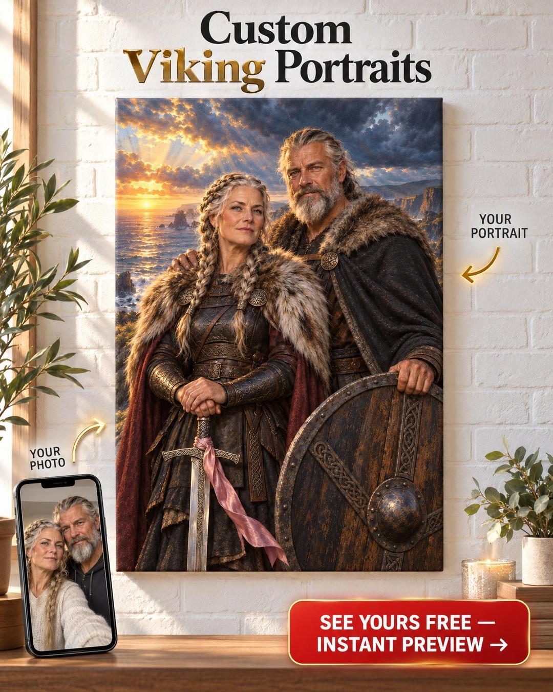 Viking Warrior Couple Custom Portrait from Photo | Personalized Cancer Warrior Gift