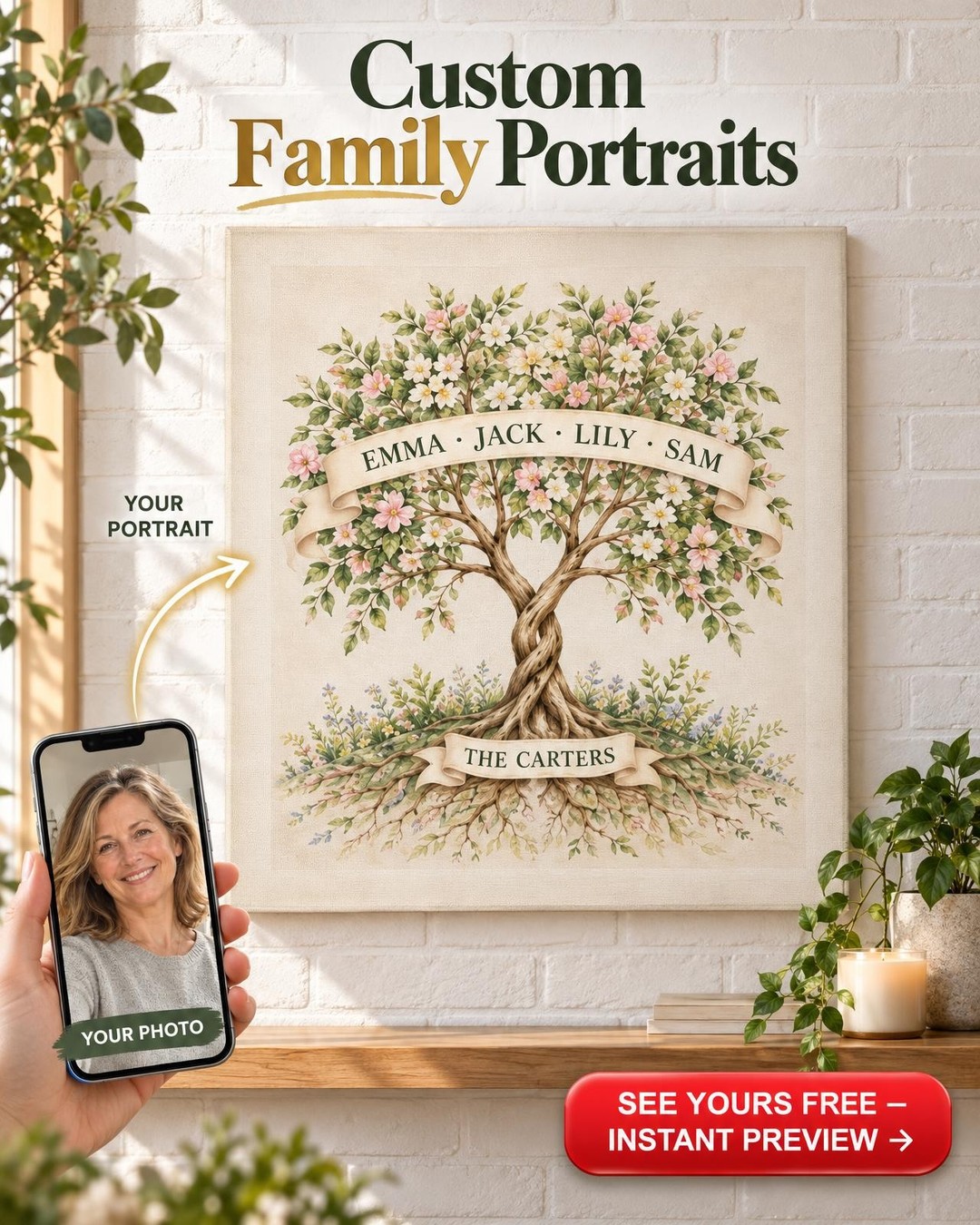 Sunlit Garden Room Bonus Mom Custom Portrait from Photo | Personalized Canvas Gift