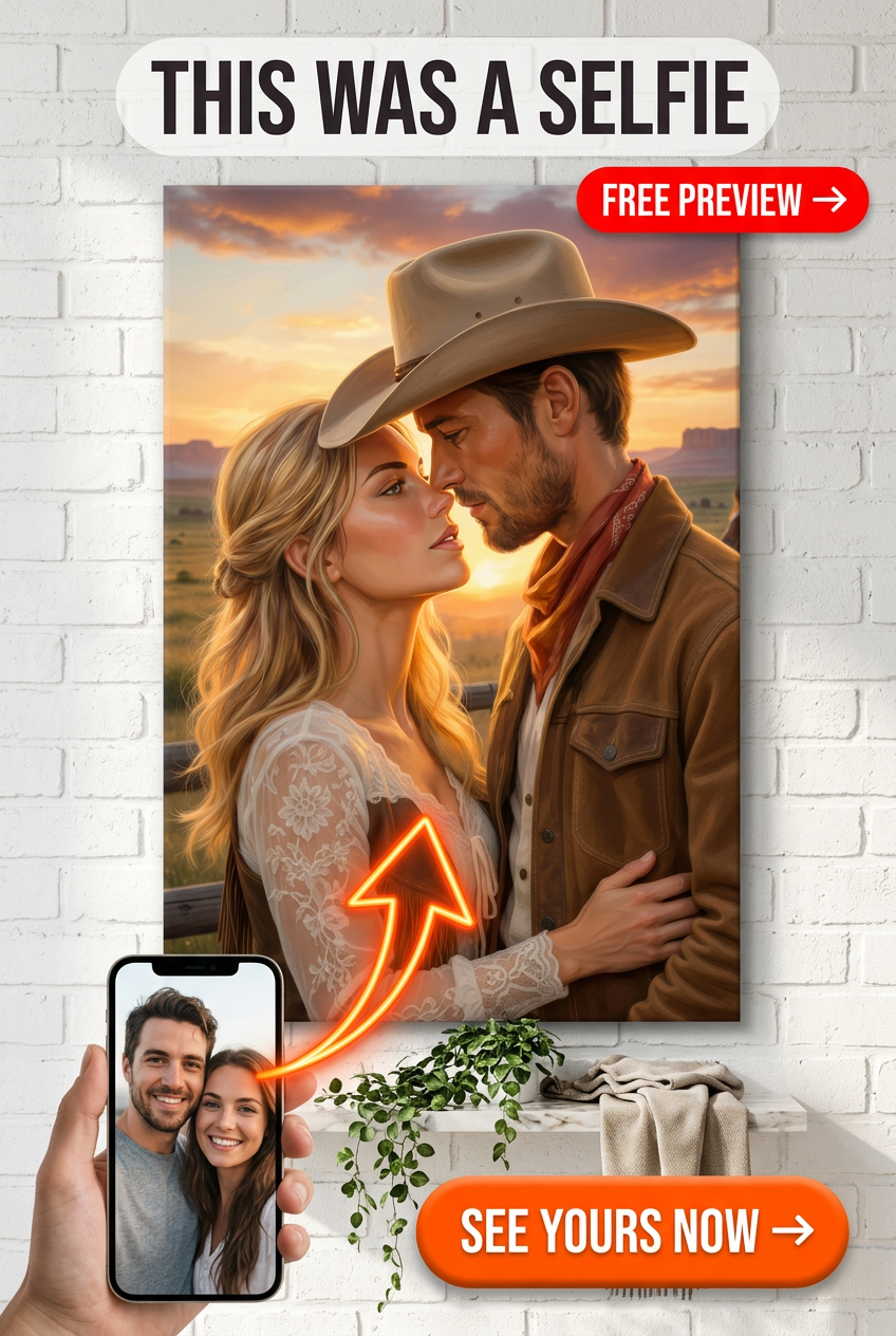 Custom Cowboy Couple Portrait — Romantic Western Canvas from Photo