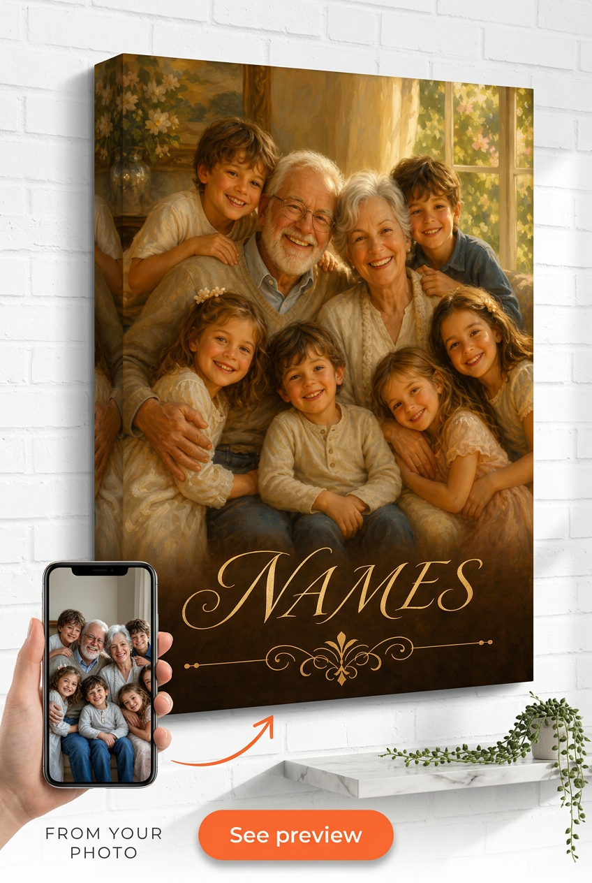 Custom Family Portrait from Photo — Multi-Generation Serene Canvas