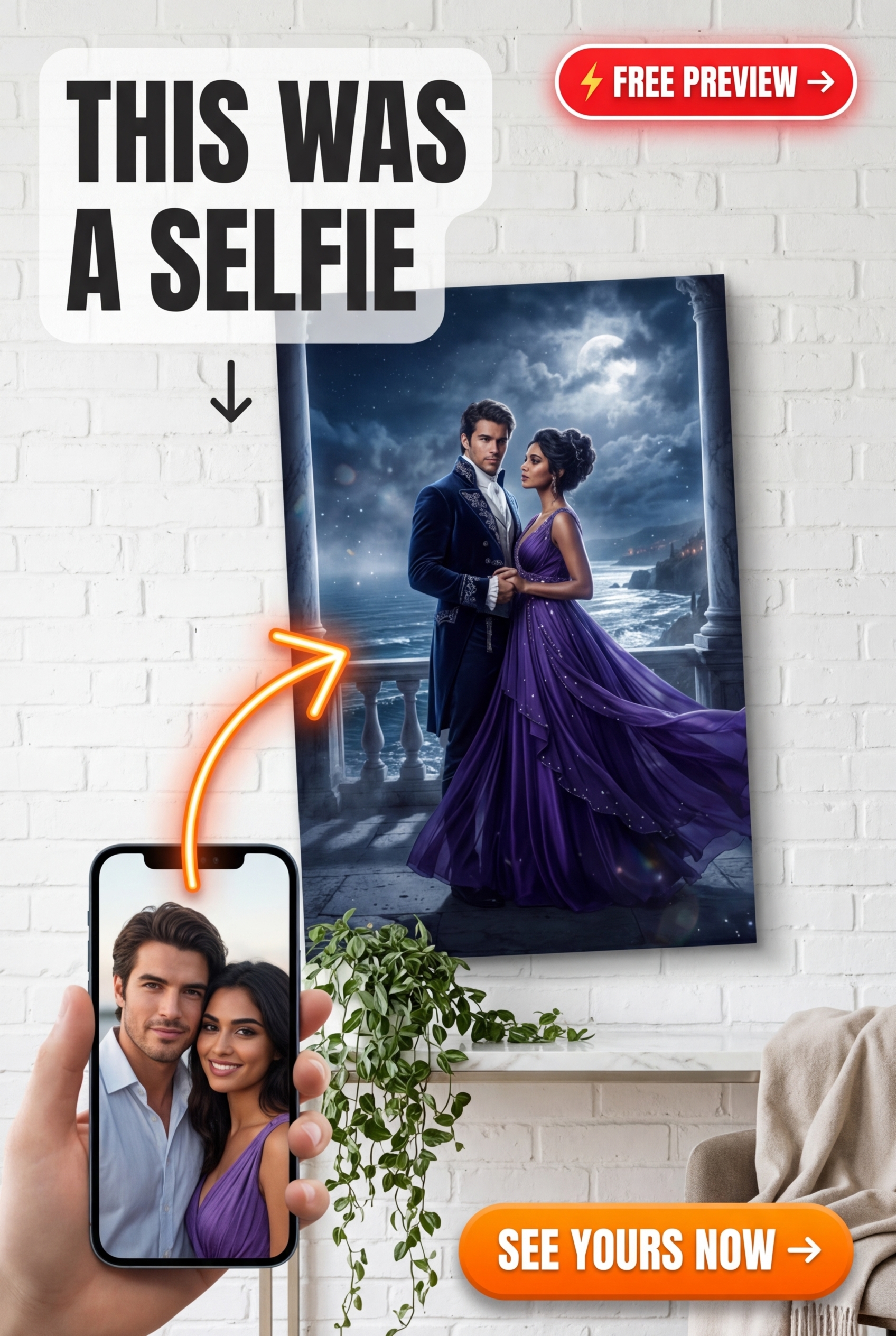 Custom Royal Couple Portrait — Moonlit Castle Romance Canvas