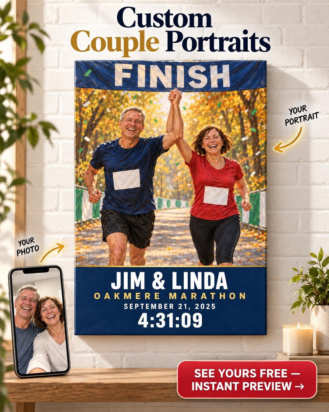 Couple Marathon Finisher Poster from Photo | Personalized Finisher Portrait Gift