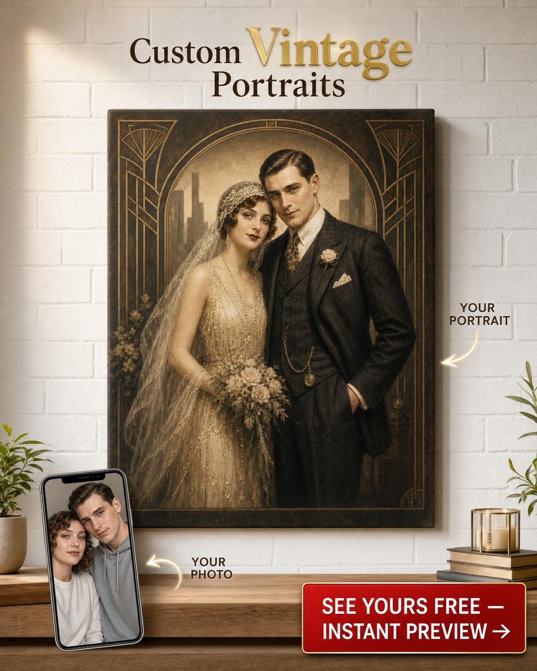 Custom Wedding Couple Portrait — Romantic Vintage AI Art from Photo