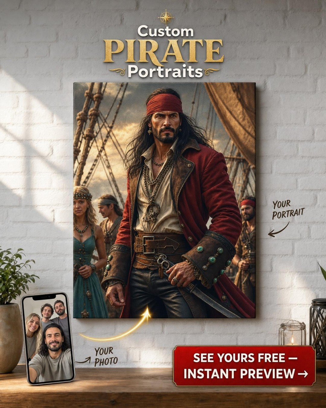 Custom Pirate Man Portrait — Heroic Canvas