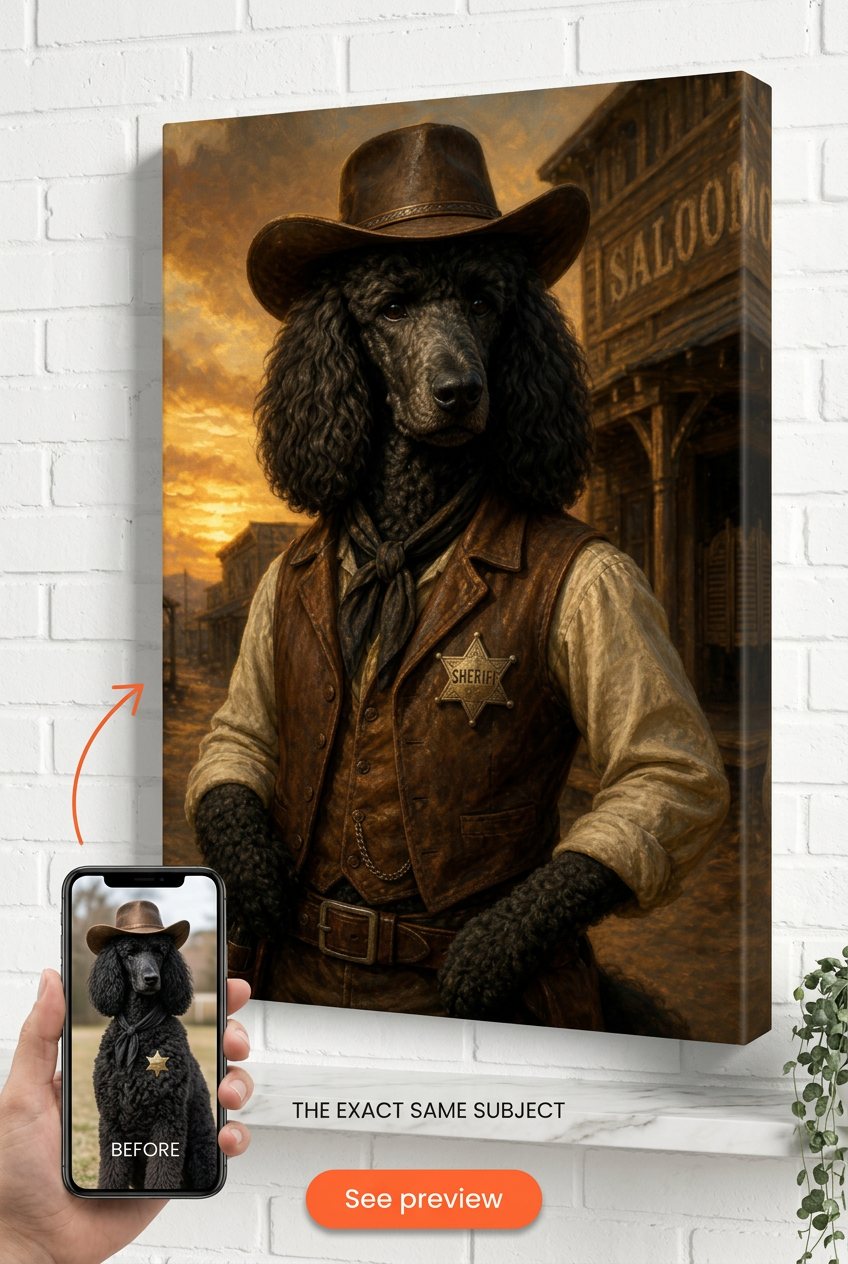 Custom Cowboy Dog Portrait — Heroic Western Canvas from Photo
