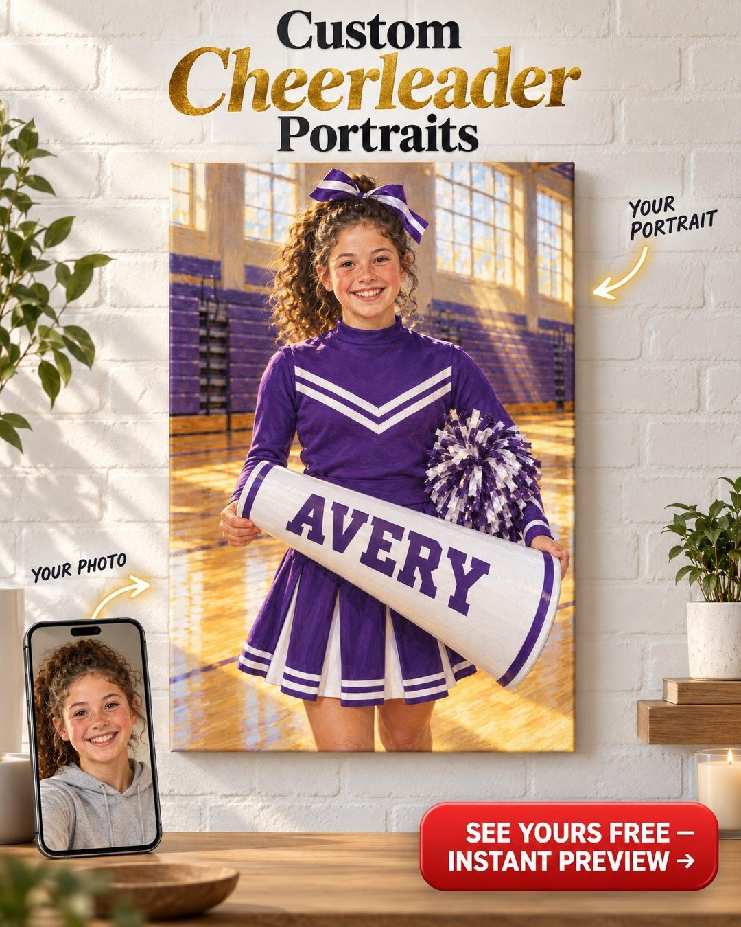 Her Name on the Megaphone Custom Portrait from Photo | Personalized Cheer Portrait Gift