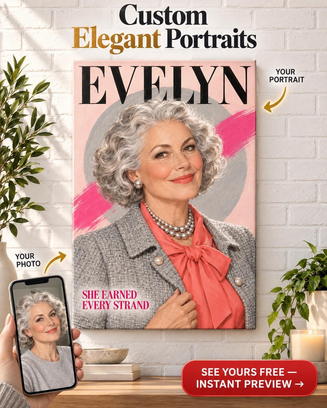 Her Silver 1950s Fashion Magazine Cover Custom Portrait from Photo | Personalized Silver Glamour Portrait Gift