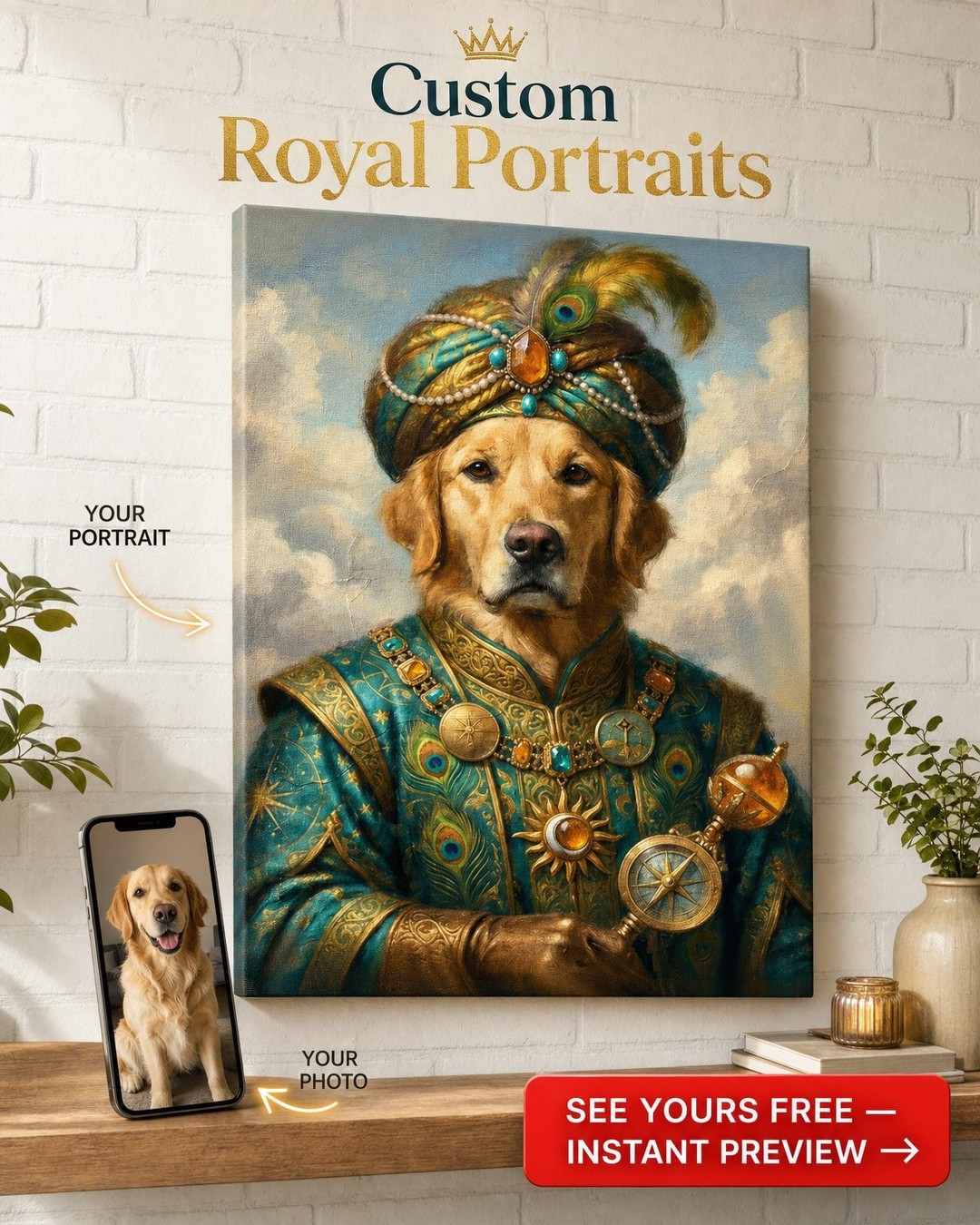 Custom Royal Pet Portrait — Regal Golden Retriever Canvas from Photo