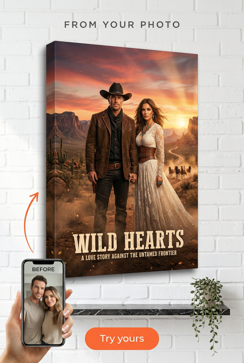 Custom Cowboy Couple Portrait — Romantic Western Canvas from Photo