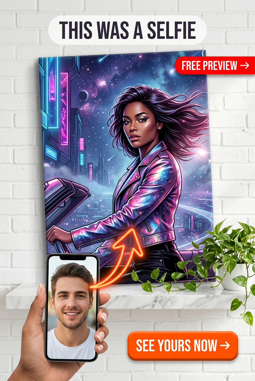 Custom Sci-Fi Portrait for Woman — Neon Motorcycle Galaxy Canvas
