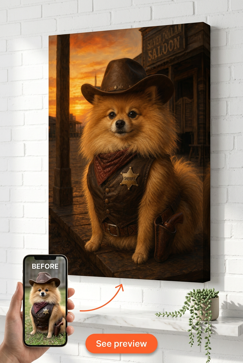 Custom Cowboy Dog Portrait — Heroic Pet Canvas Art