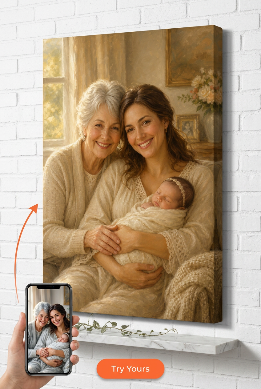 Gift for New Mom — Generational Love Portrait Canvas from Photo