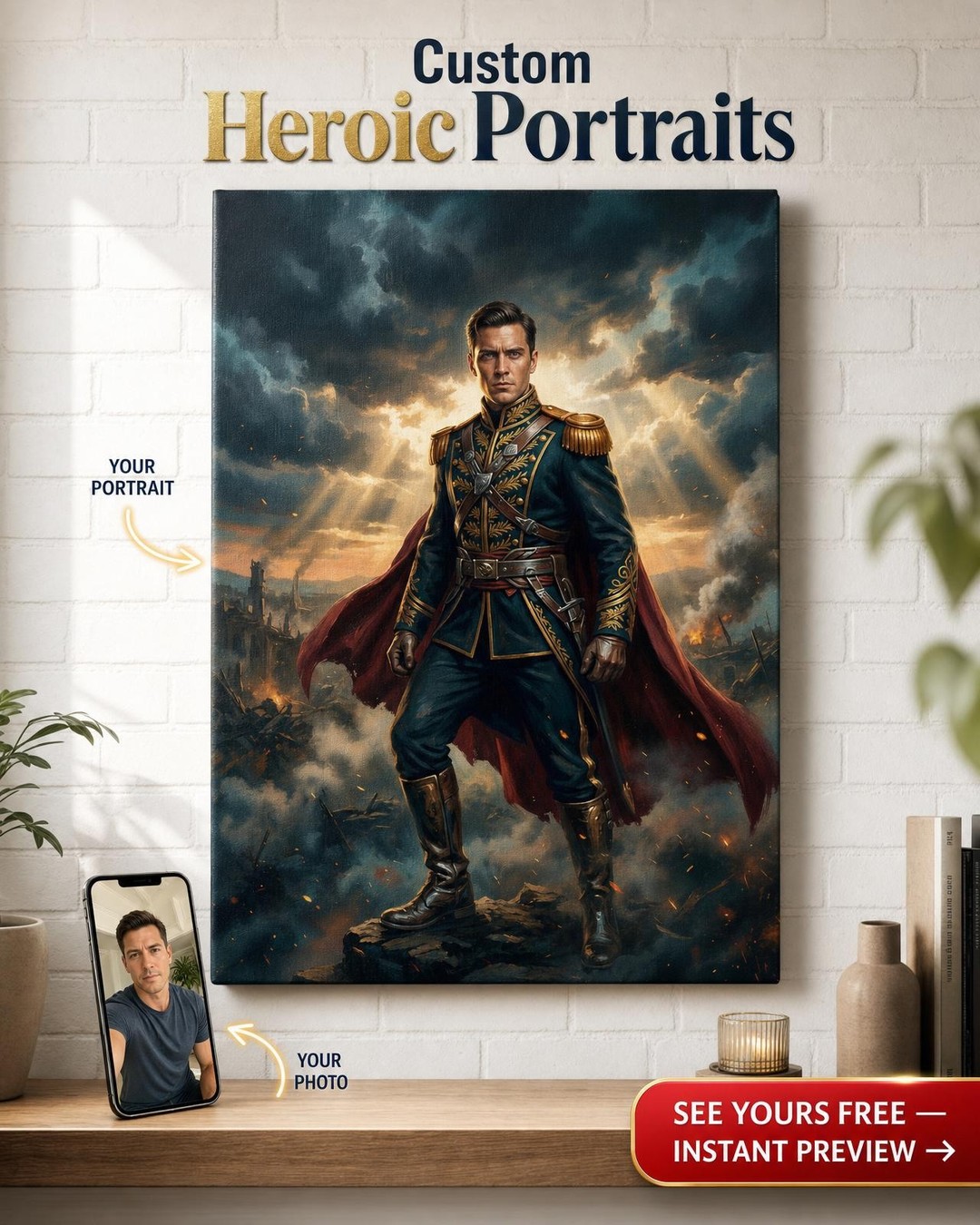 Custom Royal Man Portrait — Heroic Military Canvas from Photo