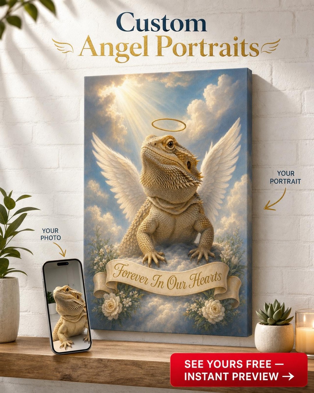 Custom Memorial Cat Portrait — Angel Wings Canvas from Photo