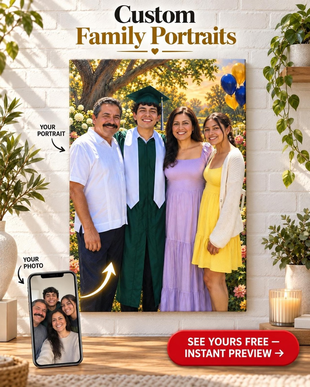 Graduation-Day Family Photo Custom Portrait from Photo | Personalized Graduation Portrait Gift