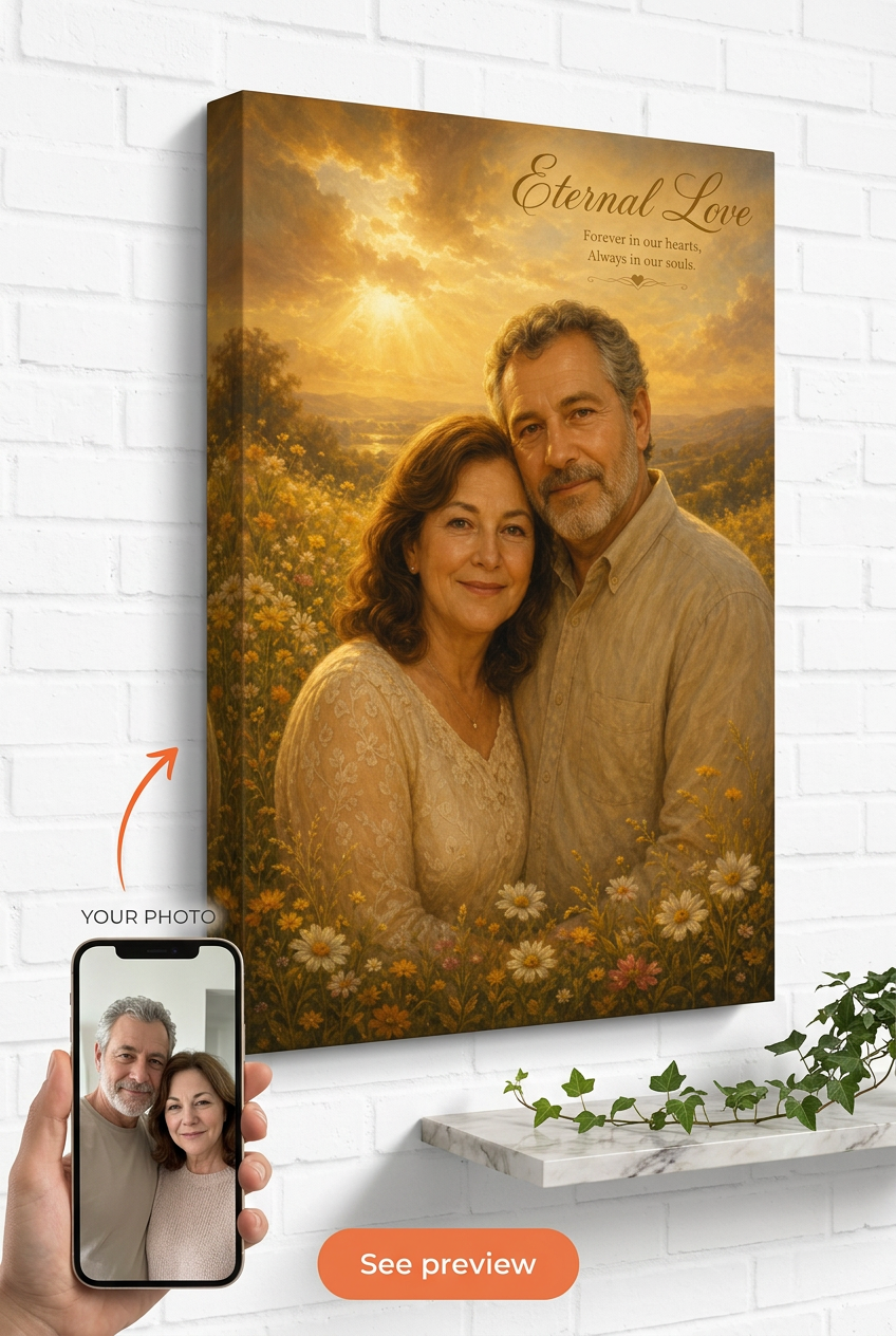 Custom Memorial Couple Portrait — Romantic Sunset Canvas from Photo