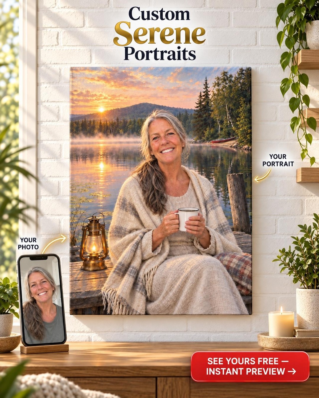 Her Lake Custom Portrait from Photo | Personalized Slow Living Canvas Gift