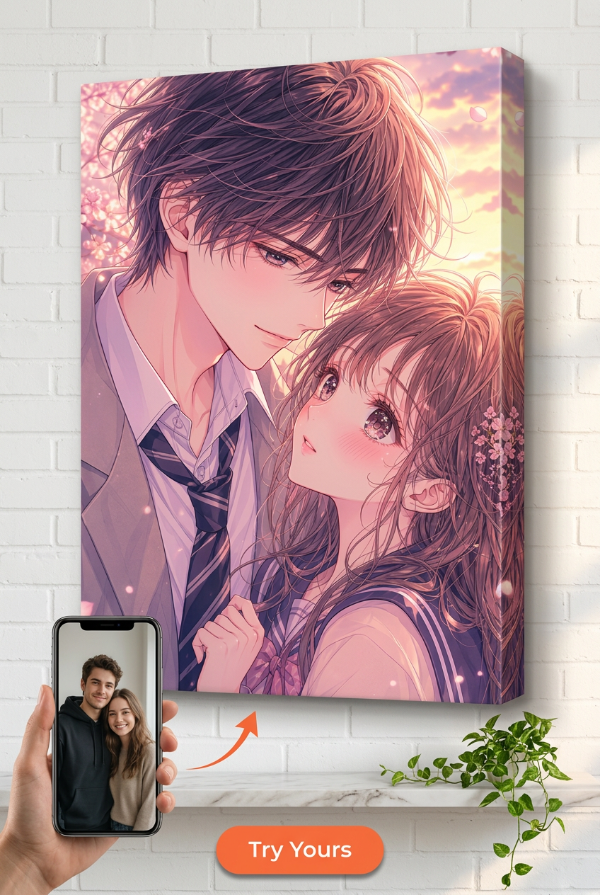 Custom Anime Warrior Couple Portrait — Romantic Anime Canvas from Photo