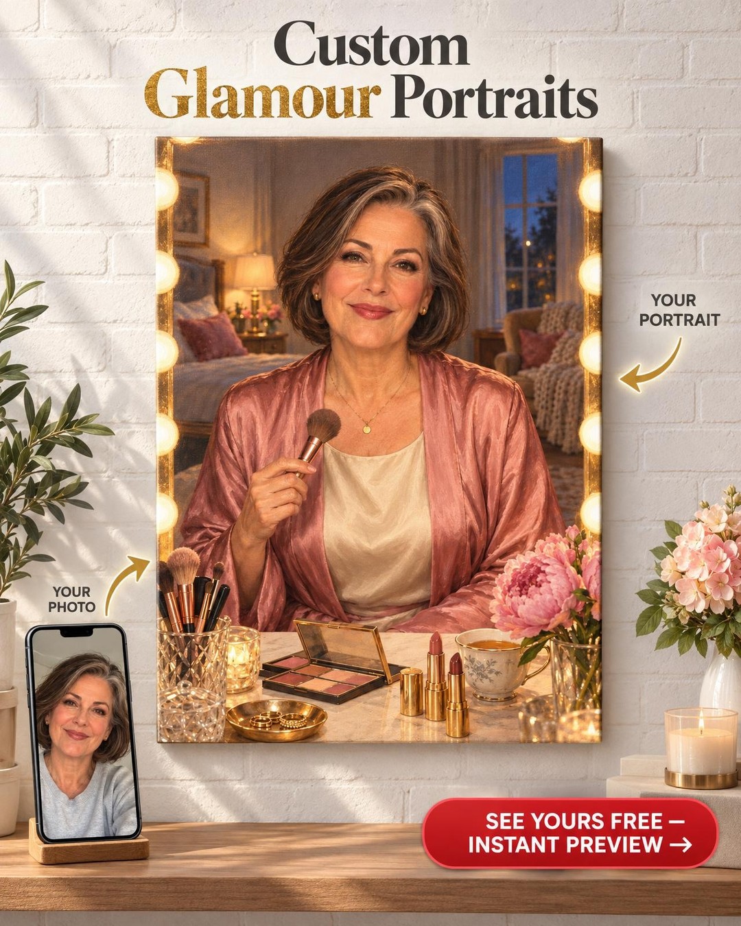 Her Vanity Mirror Custom Portrait from Photo | Personalized Gift for Her
