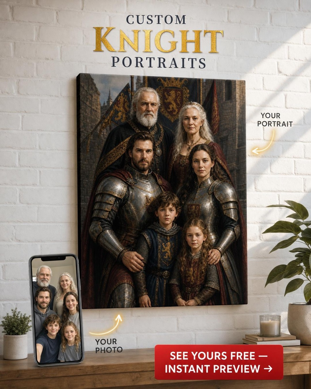 Custom Knight Family Portrait — Regal Castle Canvas from Photo