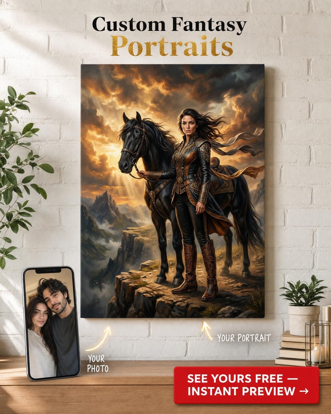 Custom Fantasy Woman Portrait | Personalized Warrior Canvas Gift