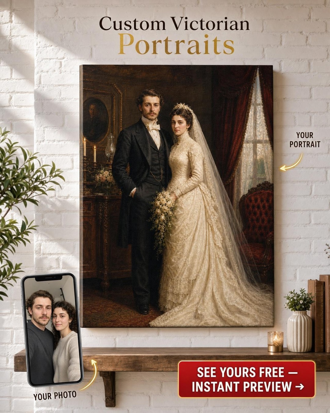 Custom Victorian Couple Portrait — Romantic Wedding Canvas from Photo