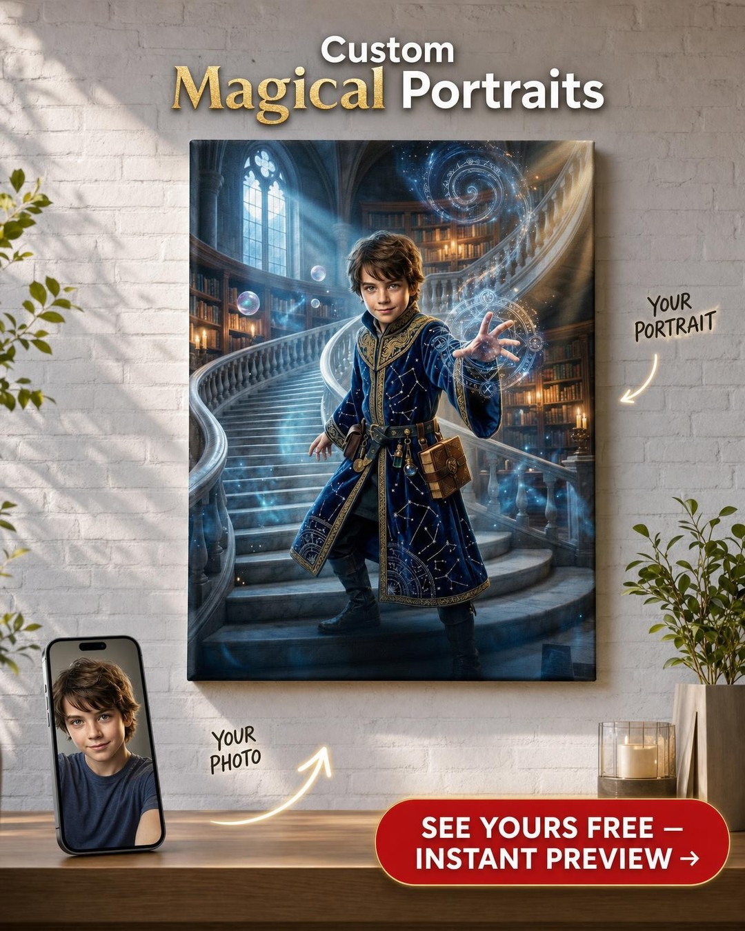 Custom Fantasy Single-Child Portrait — Whimsical Wizard Boy Canvas