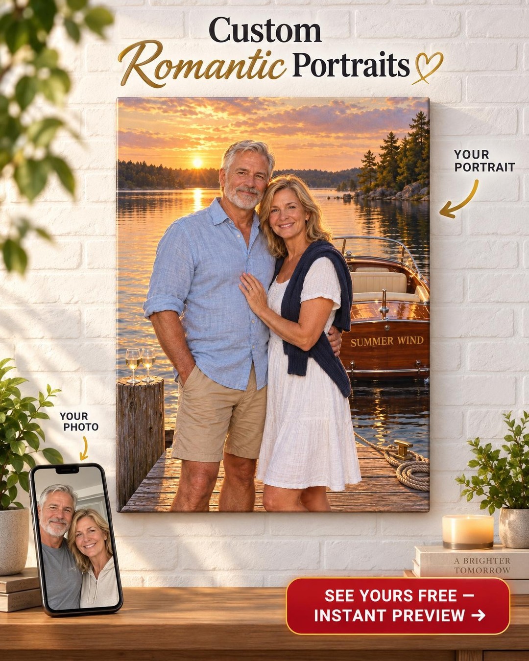 Lake House Couple Custom Portrait from Photo | Personalized Lake Life Gift