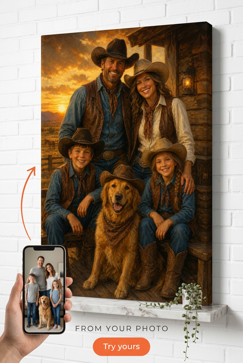 Custom Cowboy Family Portrait — Festive Western Canvas from Photo