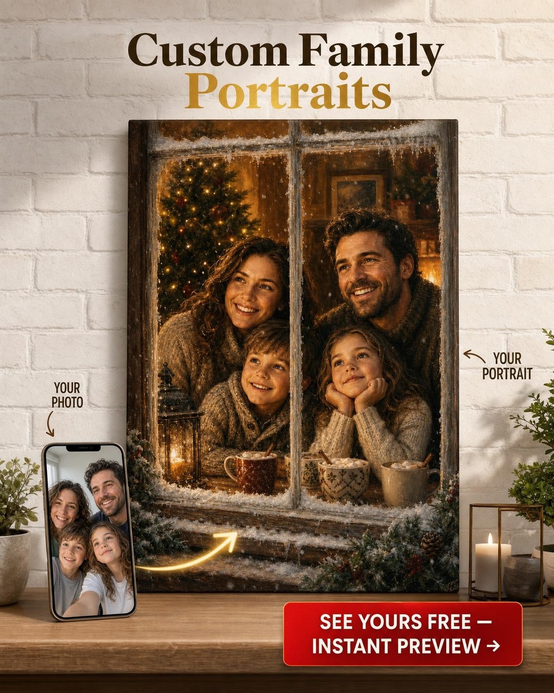 Custom Christmas Family Portrait — Serene Window Scene from Photo