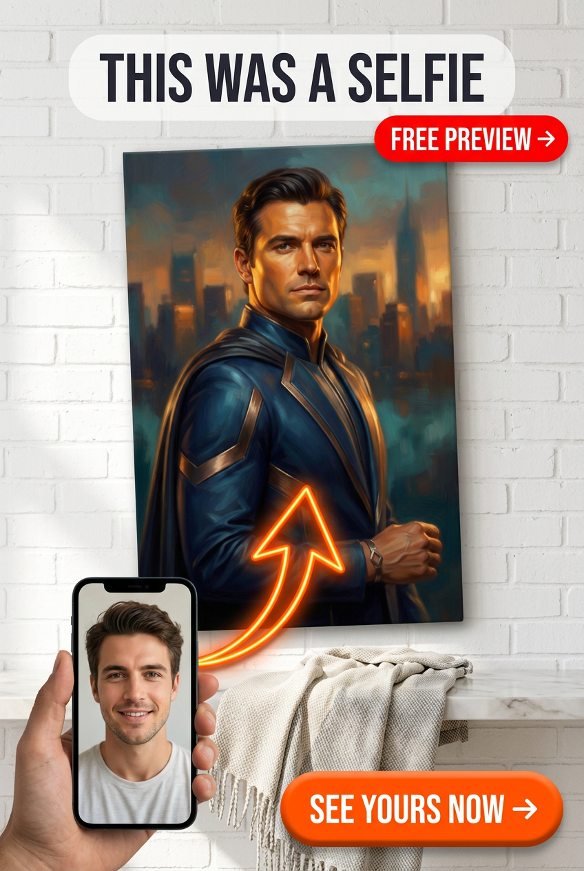 Custom Superhero Man Portrait — Heroic City Skyline Canvas