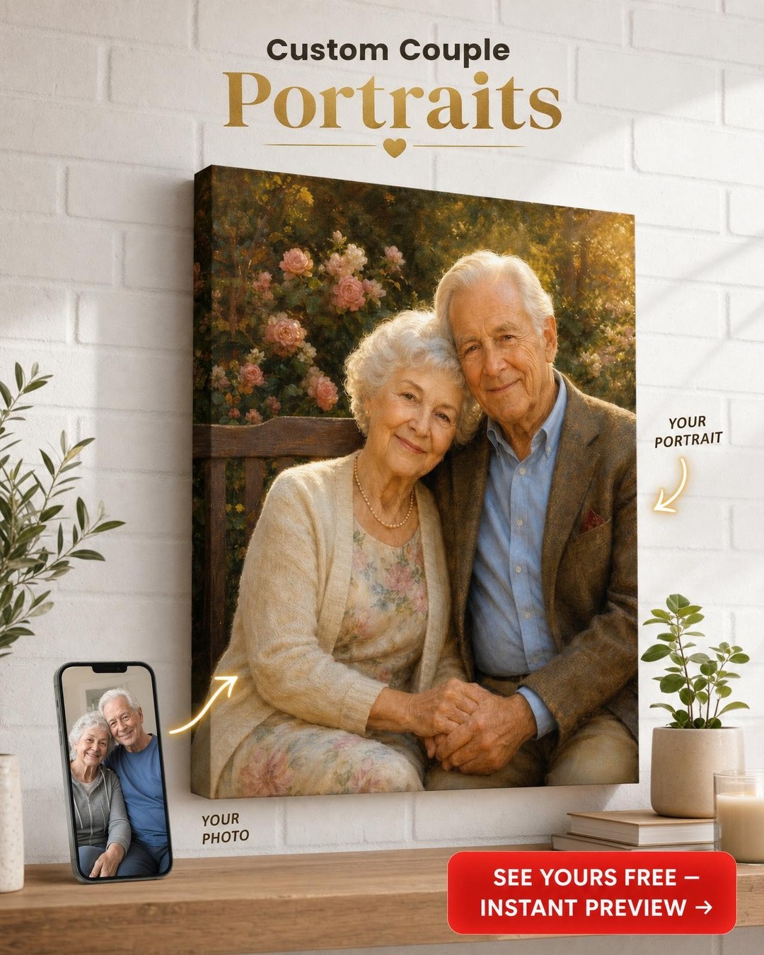 Custom Family Couple Portrait — Serene Floral Canvas from Photo