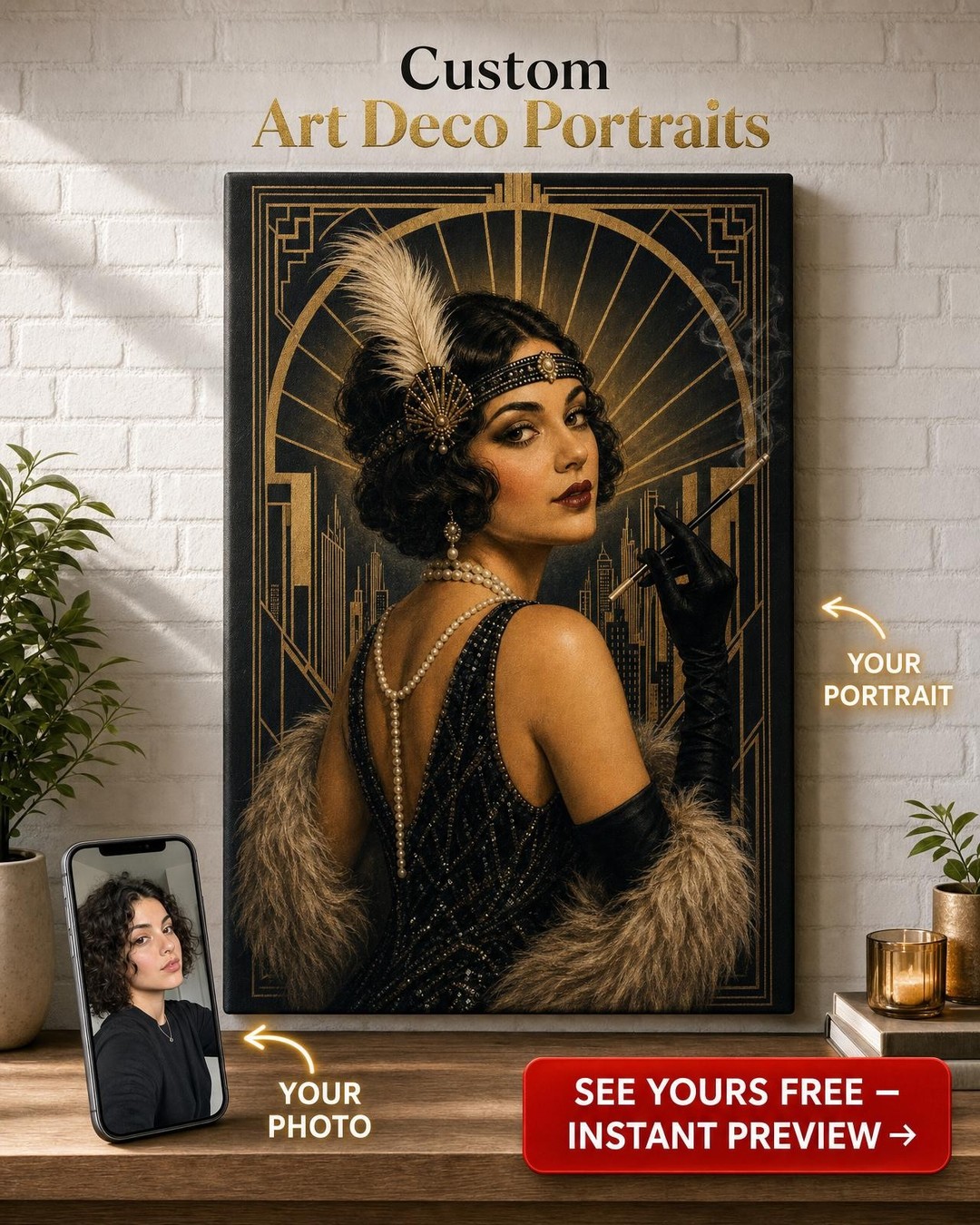 Flapper Muse Art Deco Custom Portrait from Photo | Personalized Canvas Gift