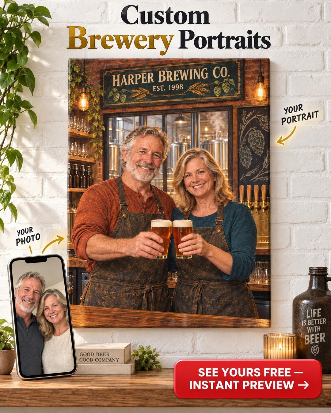 Founders Taproom Couple Custom Portrait from Photo | Personalized Homebrewing Gift