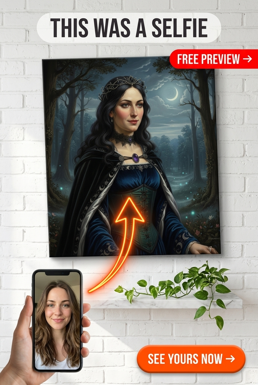 Custom Fantasy Woman Portrait — Regal Crown & Moon Canvas