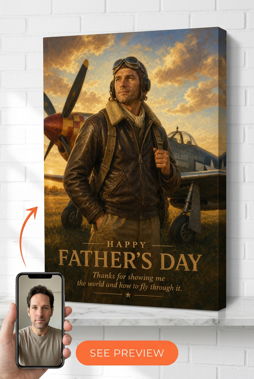 Custom Pilot Portrait — Heroic Aviator Canvas for Men