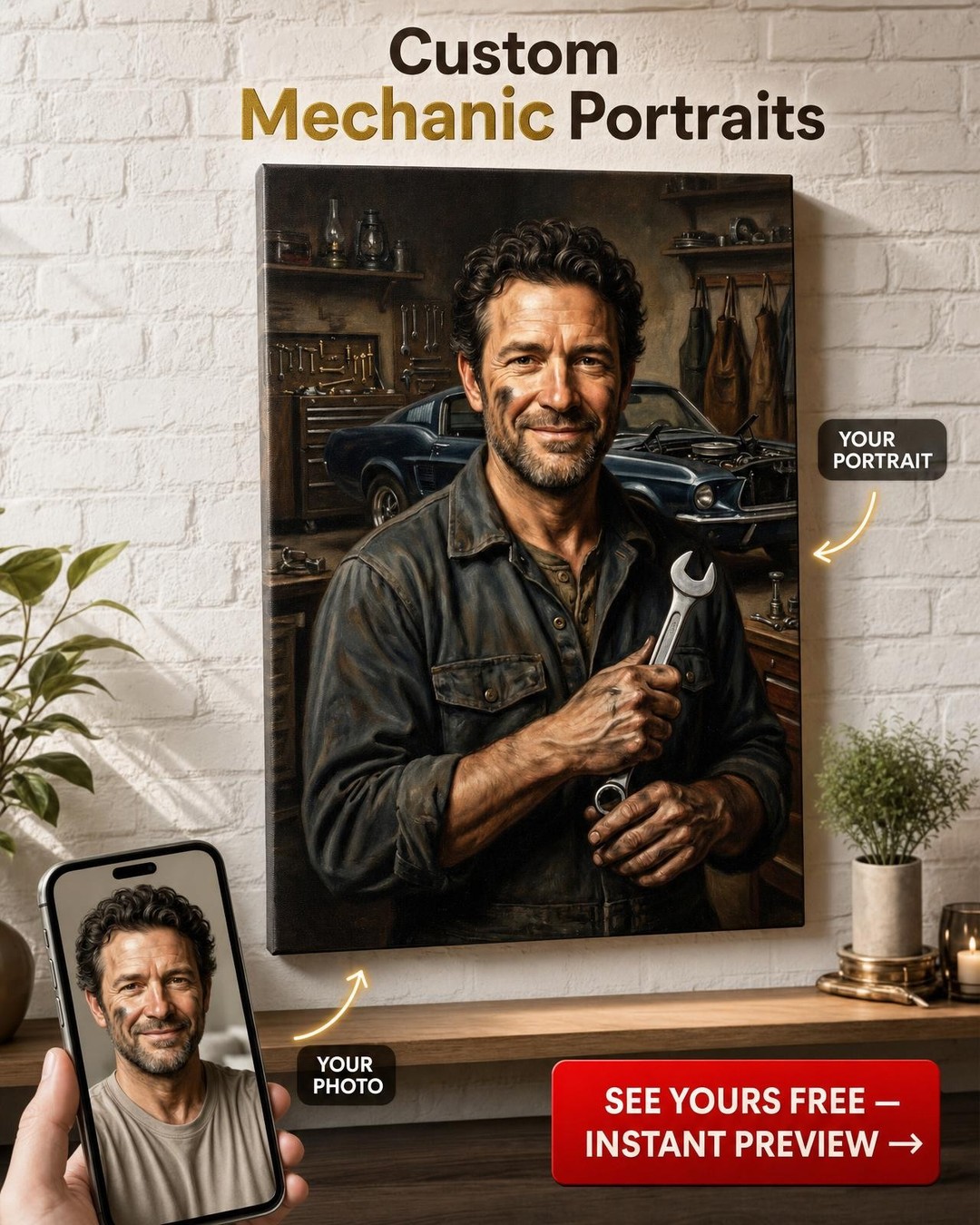 Custom Mechanic Man Portrait — Heroic Workshop Canvas from Photo